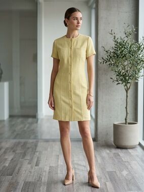 Vintage Primavera Yellow Textured Button Front Dress